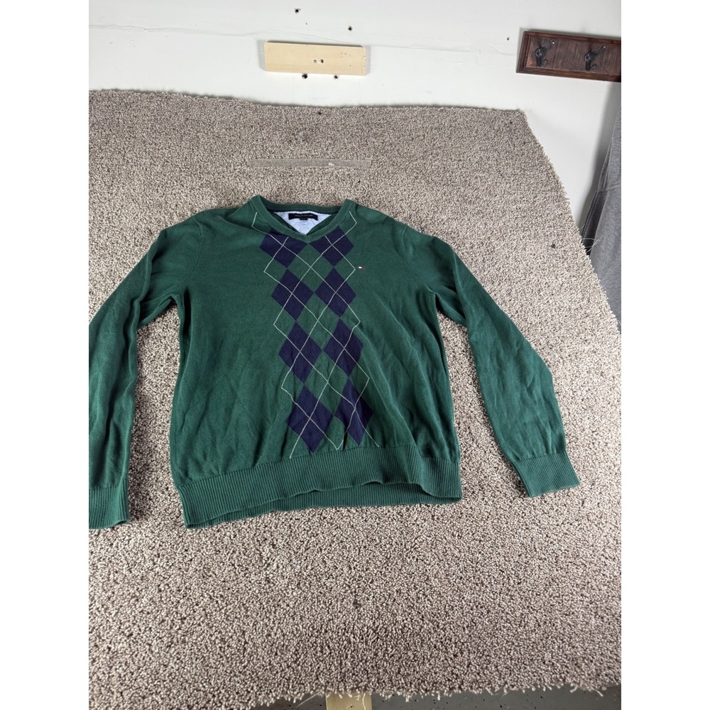 Tommy Hilfiger Mens Green Argyle V-Neck Sweater Size XL Knit Pullover Logo